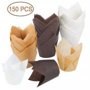 150 Pieces Tulip Baking Paper Cups Cupcake or Muffin Liners Wrappers, Tulip Baking Cup Holder for Weddings, Birthdays, Parties (Brown, Natural Color, White)