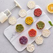 Mooncake Moulds 50g 6 PCS, 1 Moulds with 6 different Stamps Cherry Blossoms Mode Patterns Mid Autumn Festival DIY Hand Press Cookie Stamps Pastry Tool Chinese Mooncakes Moon Cake Maker (White).